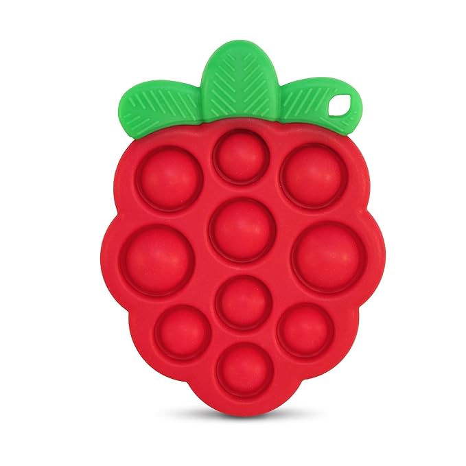 RaZbaby RaZberry Pop Strawberry Teether – Multi-Textured Silicone for Sensory Development & Teething Relief – Easy to Hold for Small Hands – Soft BPA-Free Design for Babies 3 Months+, Red/Green