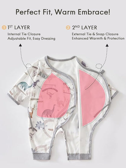 BINIDUCKLING Newborn Kimono Side Snap & Tie Wrap Over Long Sleeve Romper with Mitten Cuffs