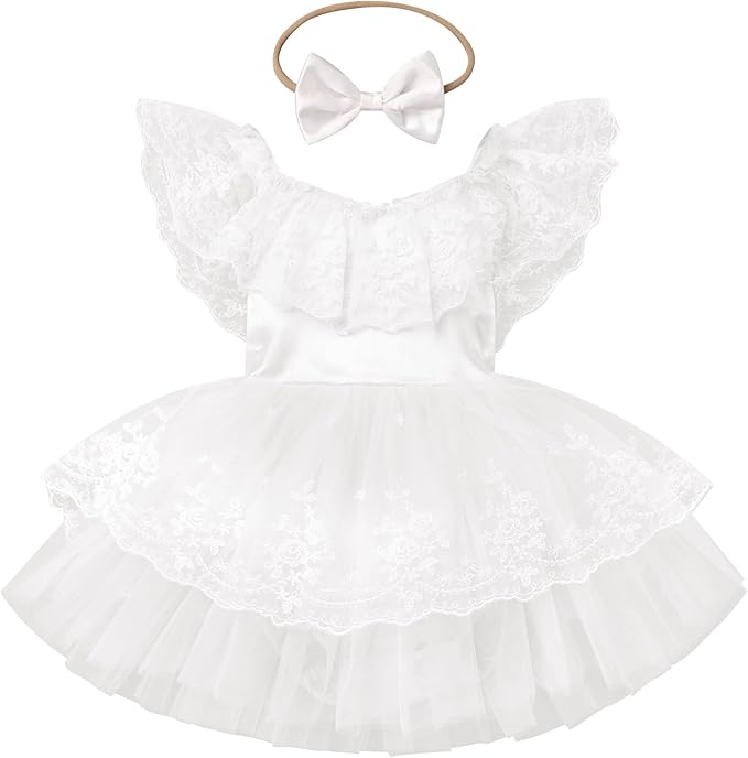 FYMNSI Infant Baby Girl 1st Birthday Outfit Floral Lace Tulle Romper Tutu Dress Headband 2PCS Bodysuit Princess Summer Clothe
