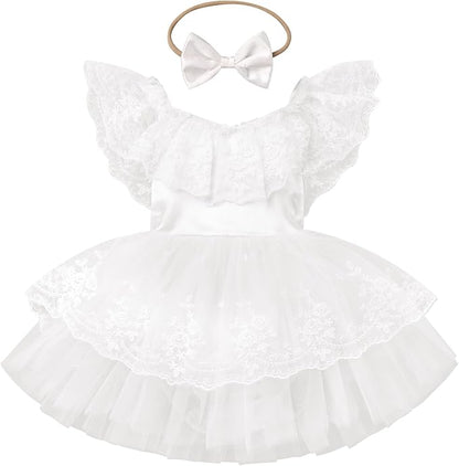FYMNSI Infant Baby Girl 1st Birthday Outfit Floral Lace Tulle Romper Tutu Dress Headband 2PCS Bodysuit Princess Summer Clothe