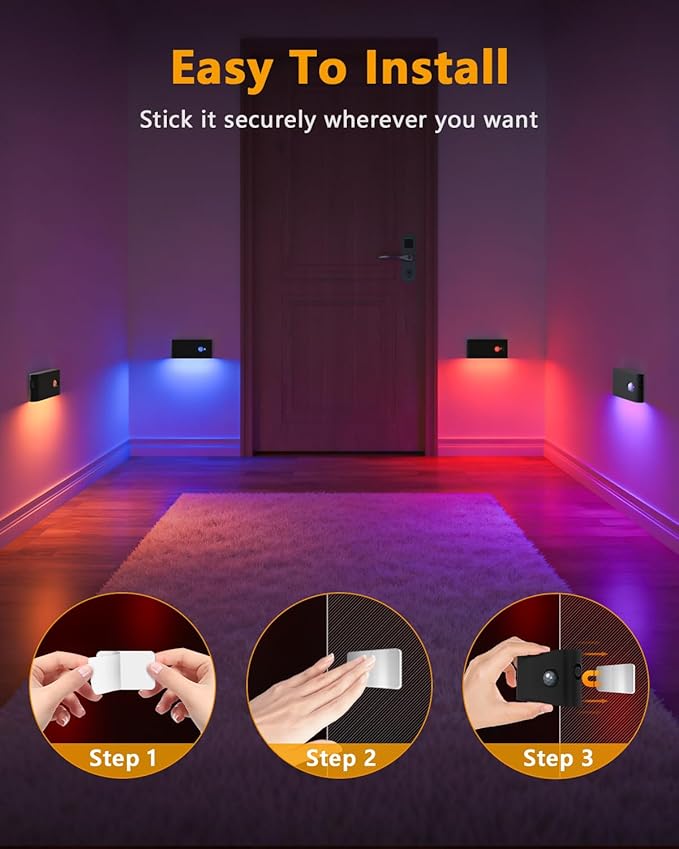 WILLED Stair Lights Indoor Rechargeable,RGB & Warm White Color Changing Night Light,Wireless Motion Sensor Lights Indoor for Stair,Bathroom,Hallway,Kitchen,Closet,Cabinet,Bedroom,Kids' Room