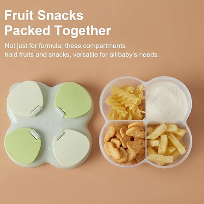 Formula Dispenser No-Spill with Four Compartment, Infant Milk Powder Dispenser Portable On The Go, Kids Snack Formula Containers for Travel Hold Outdoor, Green