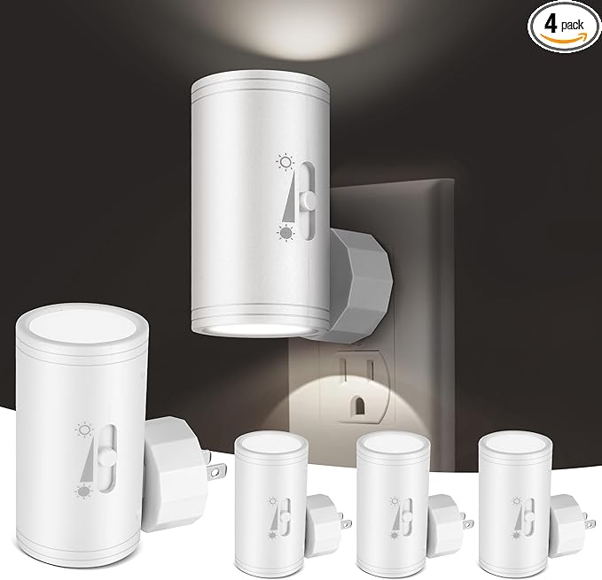 4 Pack LED Wall Plug-in Night Light with Dusk to Dawn Sensor, 5000K Daylight White, Dimmable 0-300LM, Adjustable Rotating Lamp for Bedroom, Bathroom, Kitchen, Hallway (Auto On/Off, Wall Outlet)