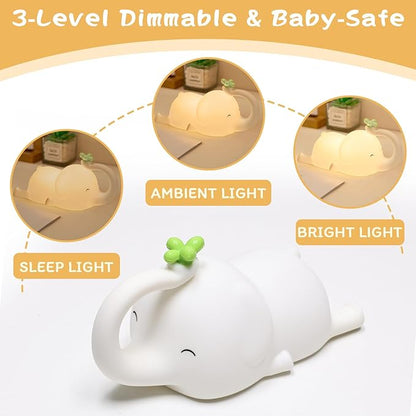Silicone Night Light for Kids, Squishy Elephant Lamp - 3 Level Dimmable Rechargeable with Timer, Safe Bedside Light for Nursery Toddler Room