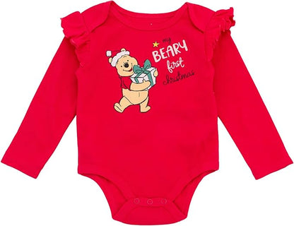 Disney Christmas Baby Girls Bodysuit, Pants and Headband 3 Piece Outfit Set Newborn to Infant Sizes (Newborn - 24 Months)