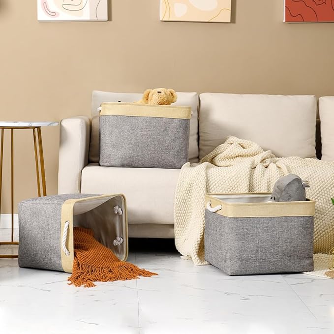 TheWarmHome Storage Basket for Organizing - Fabric Large Cubes 3 Pack 16x12x12 inch Baskets, Cube Storage Bin for Shelves Organizer Closet Cloth Gift Toy (Gold & Grey)