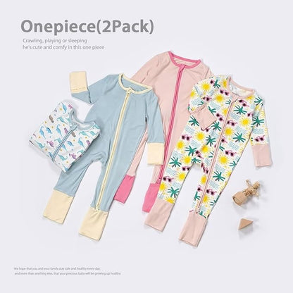 Teach Leanbh Unisex Baby 2 Pack Bamboo Viscose Pajamas with Mittens and Feet Cuffs 2 Way Zipper Long Sleeve Romper