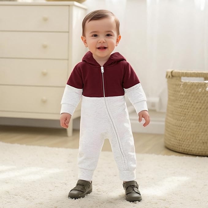 BemeyourBBs Newborn Baby Boy Clothes Color Block Long Sleeve Zipper Hooded Romper with Pocket Fall Winter One Piece Outfits