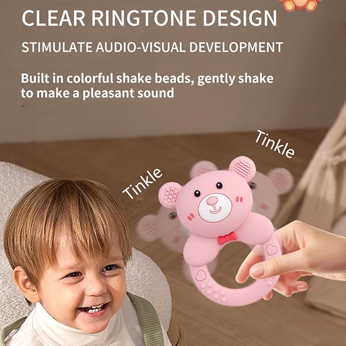 Baby Bear Teething Ring Rattle, Soft Silicone Teether Toy, Brown + Gray