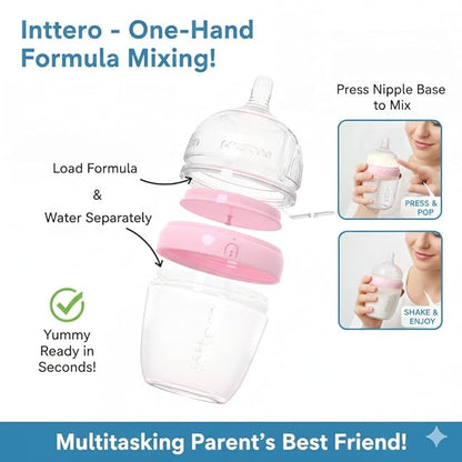 INTTERO Baby Bottles with Built-in Formula Dispenser, Anti-Colic Wide Neck Design for Newborn Feeding and Everyday Baby Essentials, 6 Oz Slow Flow (2 Pack), Cute Blue