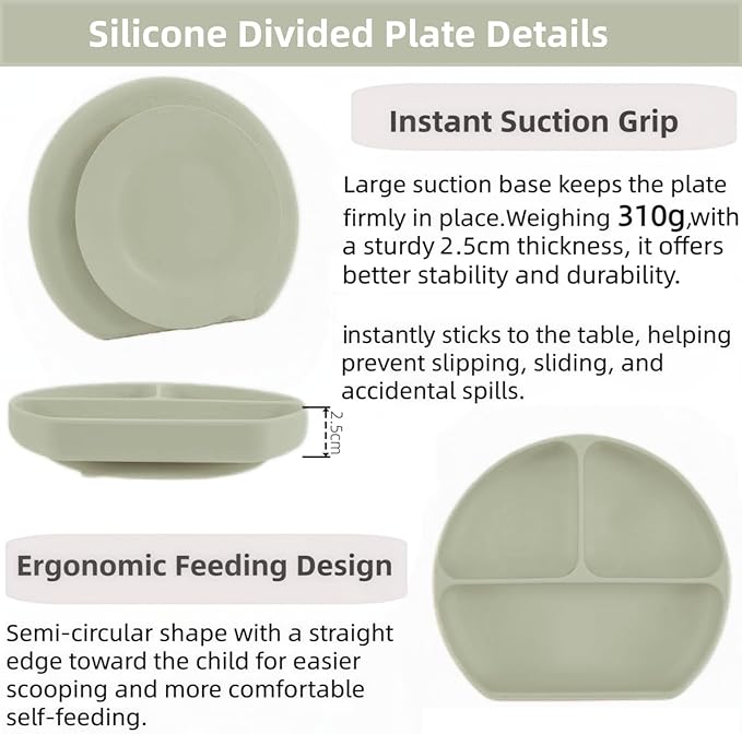 Personalized Name Food Grade 6pcs Baby Feeding Set with Spoon, Fork,Silicone Suction Bowls,Cup,Plate,and bib BPA Free - First Stage Self Feed (Color Grey-Green Y20)