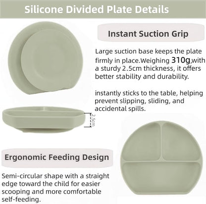 Personalized Name Food Grade 6pcs Baby Feeding Set with Spoon, Fork,Silicone Suction Bowls,Cup,Plate,and bib BPA Free - First Stage Self Feed (Color Grey-Green Y20)