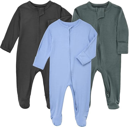Aablexema Baby Zipper Pajamas Bamboo Rayon, 3pcs Unisex Infant Clothes with Mitten Long Sleeve Footed Pjs