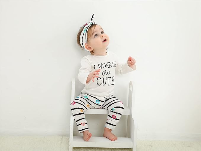 KuKitty 3Pcs Baby Girl Outfits Set Long Sleeve T-Shirt Tops Flowers Pants with Headband