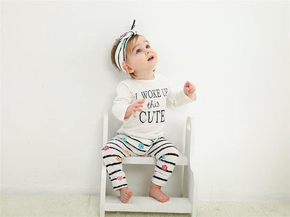 KuKitty 3Pcs Baby Girl Outfits Set Long Sleeve T-Shirt Tops Flowers Pants with Headband