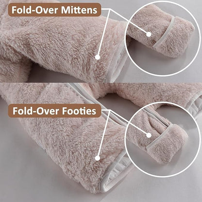 Newborn Baby Bear Outfit With Fold-Over Mittens and Footies Girls Boys Winter Fleece Clothes Hooded Romper Snowsuit