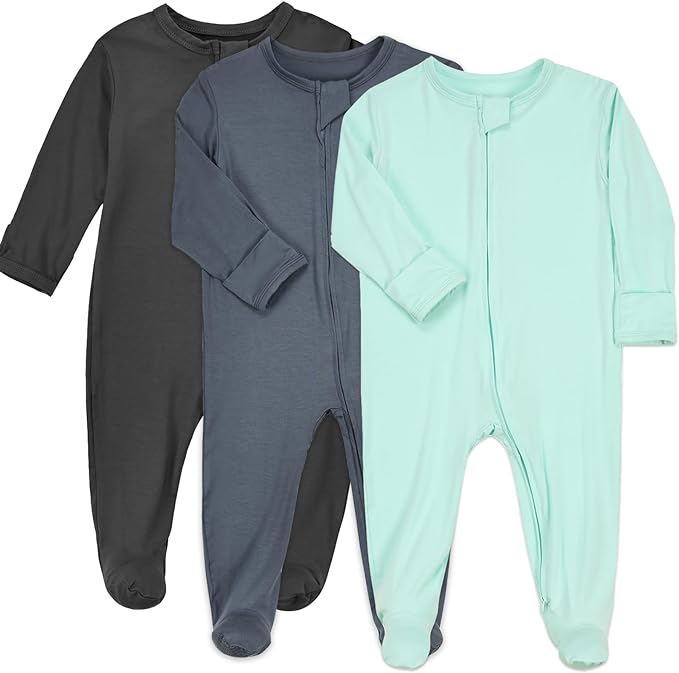 Aablexema Baby Zipper Pajamas Bamboo Rayon, 3pcs Unisex Infant Onesie with Mitten Long Sleeve Footed Pjs
