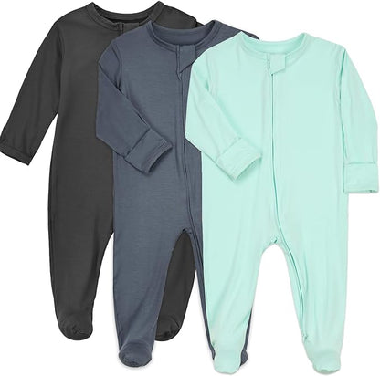 Aablexema Baby Zipper Pajamas Bamboo Rayon, 3pcs Unisex Infant Onesie with Mitten Long Sleeve Footed Pjs