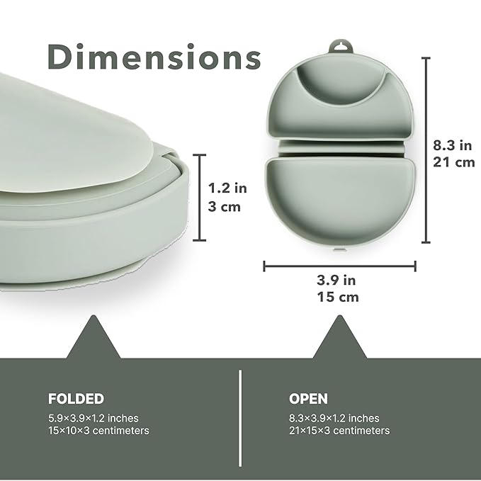 Miniware Baby Travel Plate with Suction - Foldable Silicone Baby Travel Essential to Promote Self-Feeding - Dishwasher Safe, BPA Free, Silicone Baby Plate For On The Go - Eucalyptus Silifold