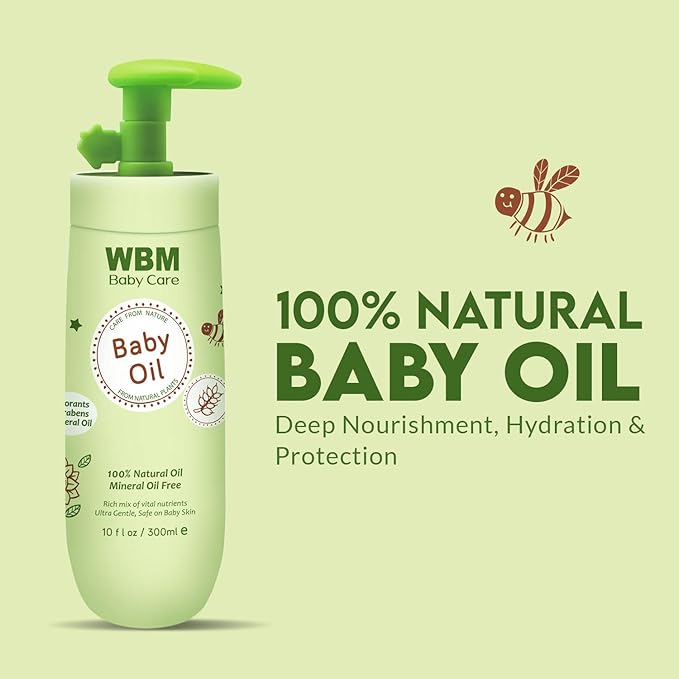 WBM Care Baby Oil | Moisturizing Baby Massage Oil | Mineral Oil-Free with 100% Natural Ingredients and Vitamin E | 10 oz for gentle care and nourishment