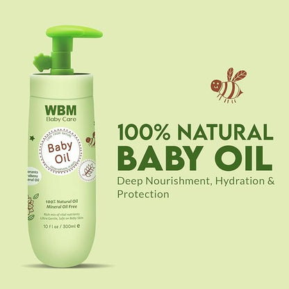 WBM Care Baby Oil | Moisturizing Baby Massage Oil | Mineral Oil-Free with 100% Natural Ingredients and Vitamin E | 10 oz for gentle care and nourishment