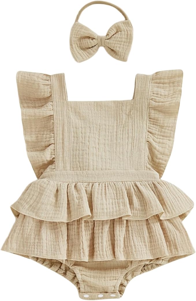 Thorn Tree Baby Girl Summer Clothes Newborn Outfit Ruffle Romper Infant Baby Dress Bow Headband Solid Cute Outfits Girls