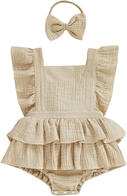 Thorn Tree Baby Girl Summer Clothes Newborn Outfit Ruffle Romper Infant Baby Dress Bow Headband Solid Cute Outfits Girls