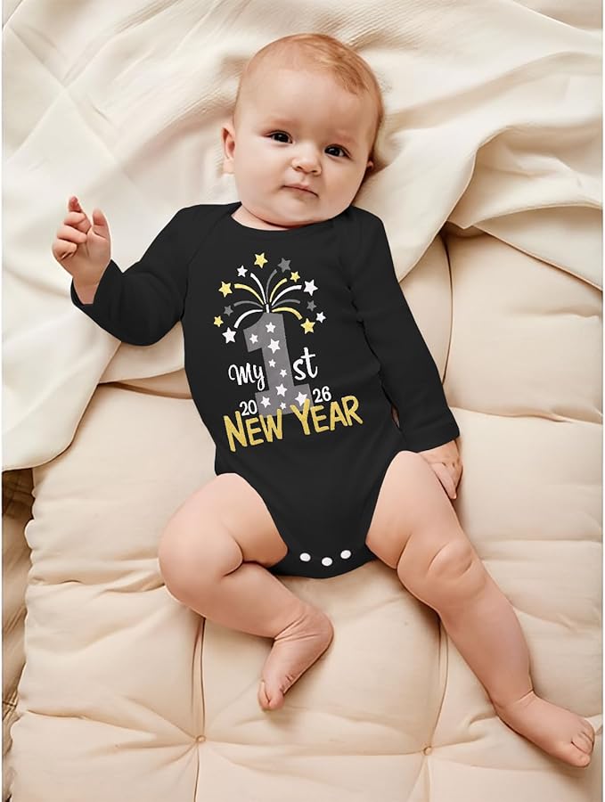 My First New Years Baby Boy Girl Outfit Newborn Long Sleeve Romper Infant Onesie Firework Print Bodysuit Clothes