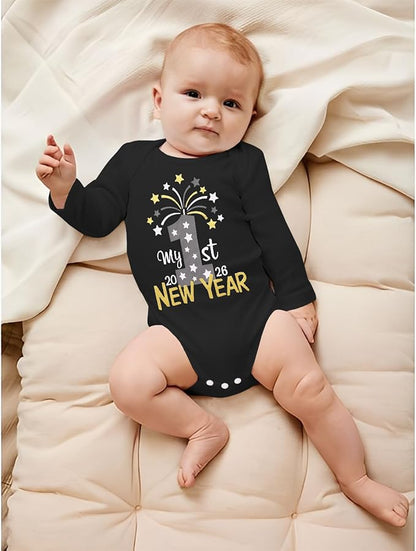 My First New Years Baby Boy Girl Outfit Newborn Long Sleeve Romper Infant Onesie Firework Print Bodysuit Clothes