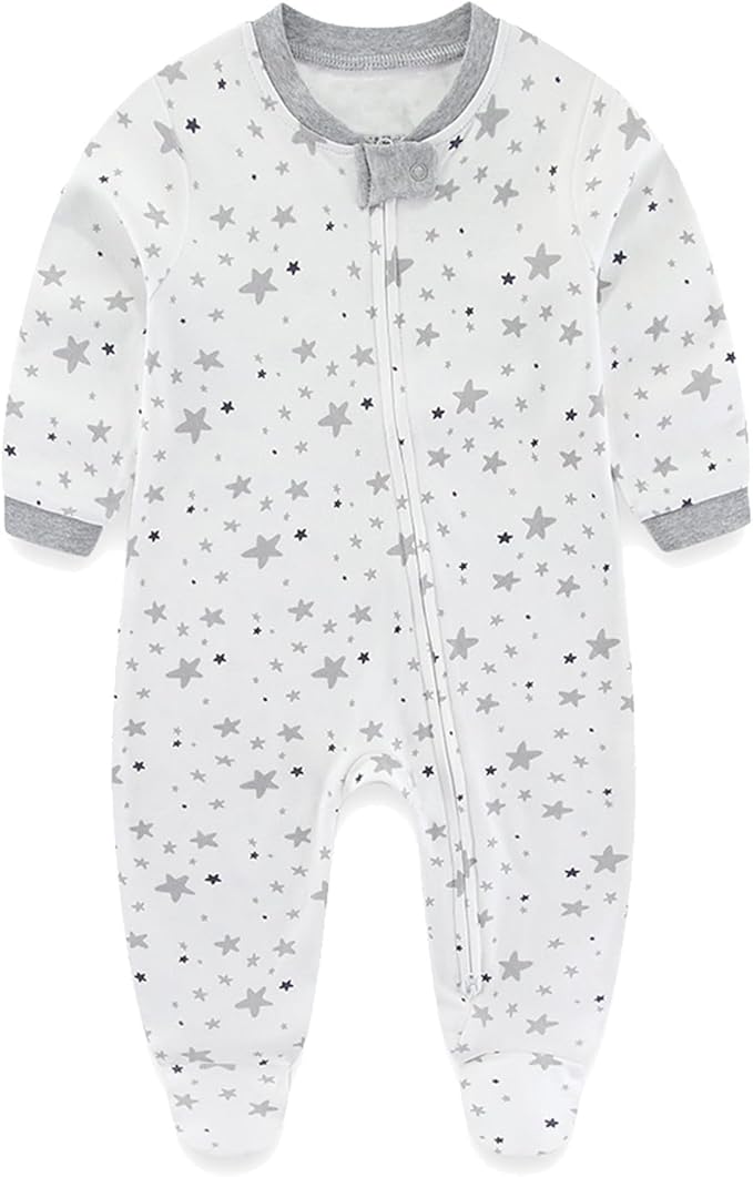 Baby Girls Boys Footed One-Piece Romper Cotton Long Sleeve Jumpsuit Zip Front Footie Romper 0-12 Month