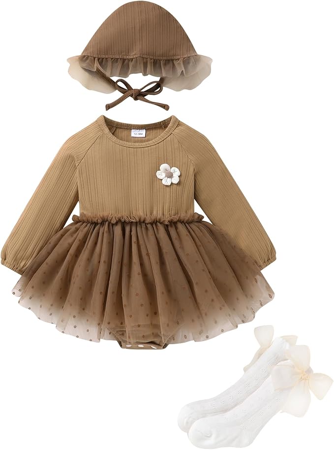 YOUNGER TREE Newborn Baby Girl Romper Dress Outfits Long Sleeve Floral Tutu Bodysuit with Leggings Hat Infant Fall Clothes