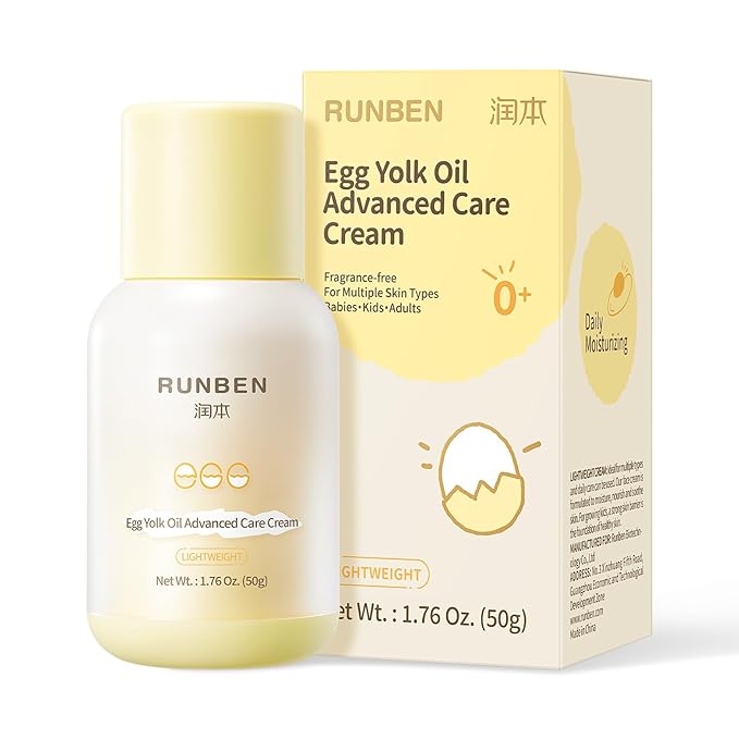 RUNBEN Baby Face Cream with Egg Yolk Oil, 48H Deep Moisturizing, Gentle & Non-Greasy Kids Face Lotion, Dry & Sensitive Skin Care for Baby, Fragrance-Free, 1.76 oz