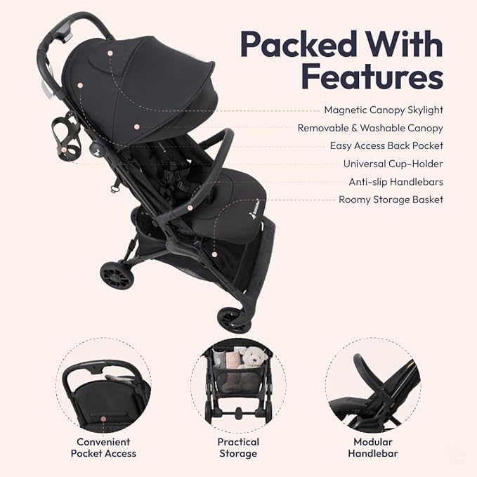 BabbleRoo Hoplite Compact Stroller – Lightweight Travel Stroller for Airplane (12.3 lbs), Newborn to 55 lbs, Easy Fold, PU Wheels, Alloy Frame, Near-Flat Recline, Raincover, Cup Holder, Baby Stroller