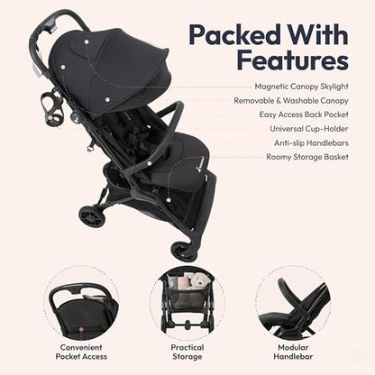 BabbleRoo Hoplite Compact Stroller – Lightweight Travel Stroller for Airplane (12.3 lbs), Newborn to 55 lbs, Easy Fold, PU Wheels, Alloy Frame, Near-Flat Recline, Raincover, Cup Holder, Baby Stroller