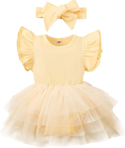 Baby Girl Clothes Infant Ruffle Sleeve Romper Dress Newborn Solid Tutu Skirt Sets Jumpsuit Headband Outfit