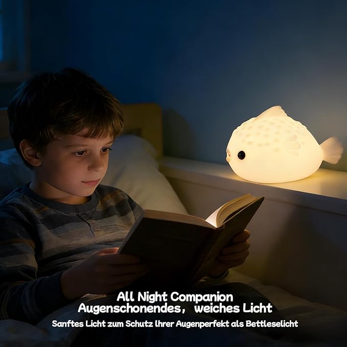 White Pufferfish Night Light - Silicone Touch Sensor Lamp for Nursery, 3 Adjustable Brightness, USB-C Rechargeable Baby-Safe Bedside Light, Modern Kids Room Decor & Toddler Sleep Aid