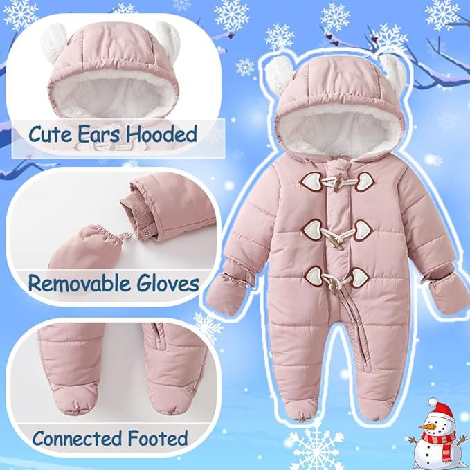 Baby Winter Snowsuit Warm Hooded Coat Onesie Romper Jumpsuit with Footed Gloves for Boys Girls 3-24 Months