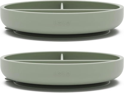 Lalo Suction Plates - 2 Pack, 100% Silicone Non-Toxic BPA-Free Baby Plates with Suction Base To Prevent Accidental Tip-Overs - Suction Plates for Toddlers With Three Divided Sections - Sage
