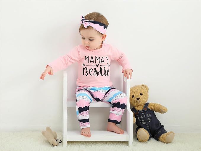 KuKitty 3Pcs Baby Girl Outfits Set Long Sleeve T-Shirt Tops Flowers Pants with Headband