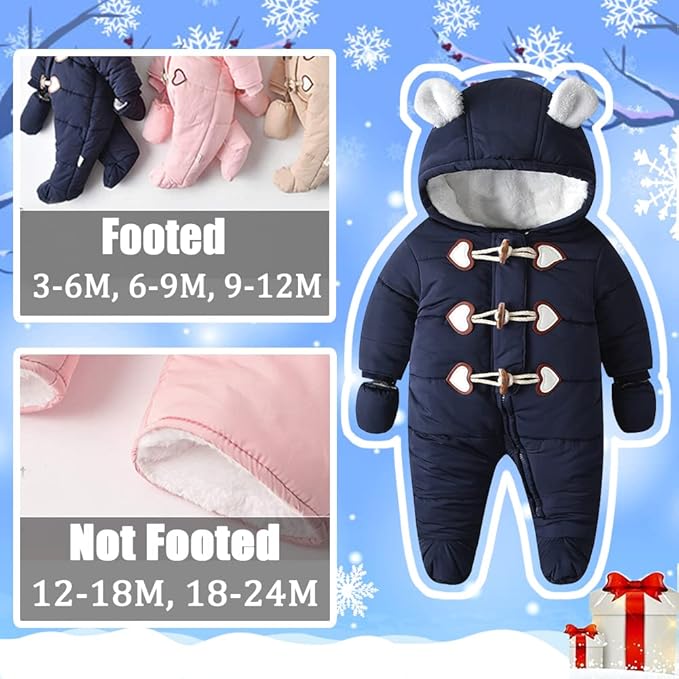 Baby Winter Snowsuit Warm Hooded Coat Onesie Romper Jumpsuit with Footed Gloves for Boys Girls 3-24 Months