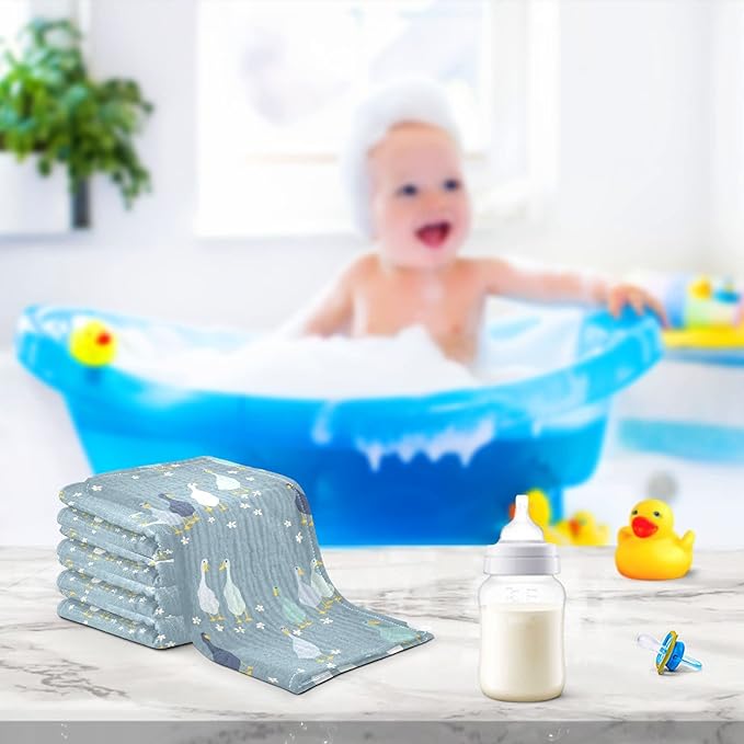 Vvfelixl Baby Washcloths Cotton Funny Gooses Muslin Soft Face Towel for Newborn Infants, 11.8 X 11.8 Inch, 3 Pack Blue