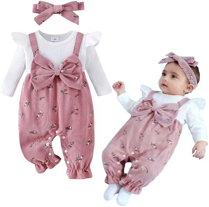 Infant Baby Girls Fall Outfit Long Sleeve Romper Floral Print Fake Two Pieces Patchwork Bow Jumpsuits And Headband Set