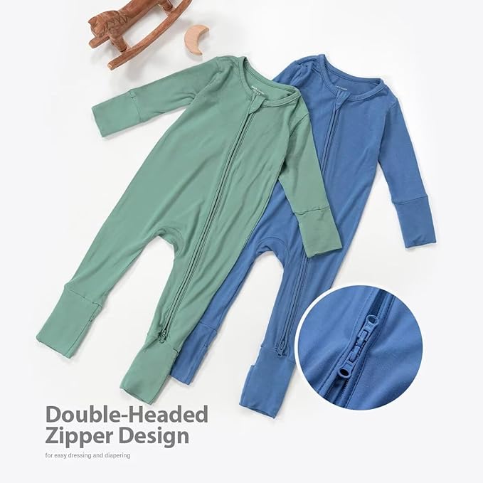 Teach Leanbh Unisex Baby 2 Pack Bamboo Viscose Pajamas with Mittens and Feet Cuffs 2 Way Zipper Long Sleeve Romper