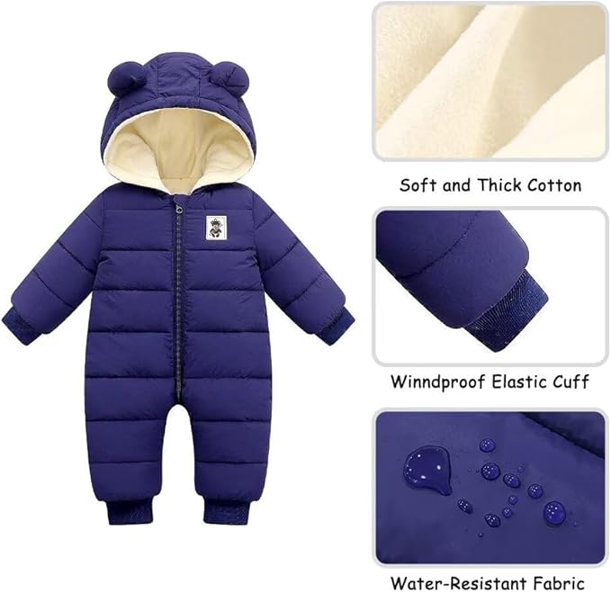 BYFRI Baby Boys Girls Snowsuit Newborn Cozy Winter Coat Infant Bear Hooded Jumpsuit Toddler Snow Outfit for 0-24 Months