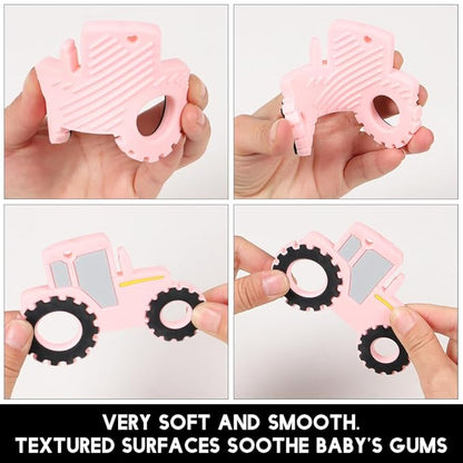 Baby Tractor Teething Toys,Food Grade Silicone Teether with One-Piece Pacifier Clip Holder,Baby Gift,Highly Effective Pain Relief for 3 Months+ Boy and Girl,BPA Free,Freezer Safe. (Pink)