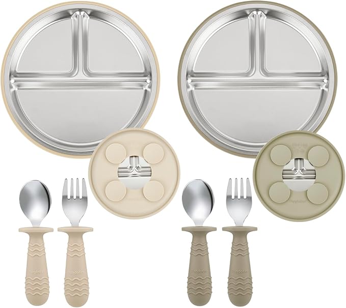 PandaEar 2 Pack Stainless Steel Baby Suction Plates & 2 Pack Spoons and Forks Set, Toddler Utensils Baby Feeding Set, Divided Plates for Baby Led Weaning Supplies, BPA-Free (Tan/Walnut)