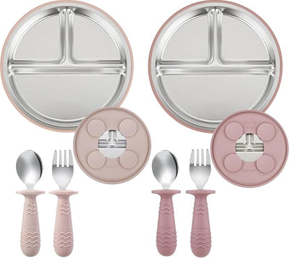PandaEar 2 Pack Stainless Steel Baby Suction Plates & 2 Pack Spoons and Forks Set, Toddler Utensils Baby Feeding Set, Divided Plates for Baby Led Weaning Supplies, BPA-Free (Pink)