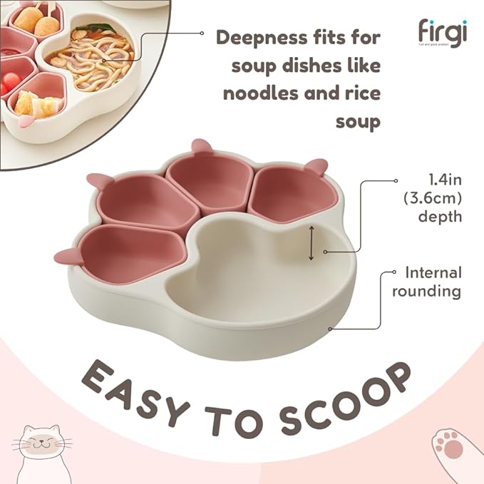 MEOW Dry Rose Divided Silicone Toddler Suction Plates Non-Slip Silicon Plate for Baby Led Weaning Supplies BPA Free Travel Non-Toxic Kids Tray with Suction