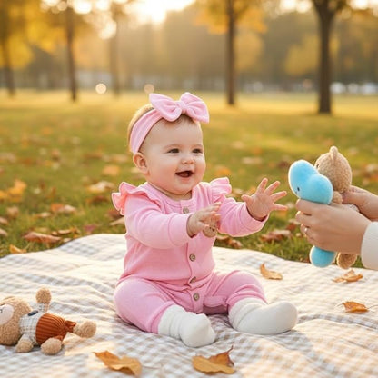 Newborn Baby Girl Cute Bear Ruffle Long Sleeve Jumpsuit Ribbed Bodysuit One-Piece Button Romper with Headband 0-18M