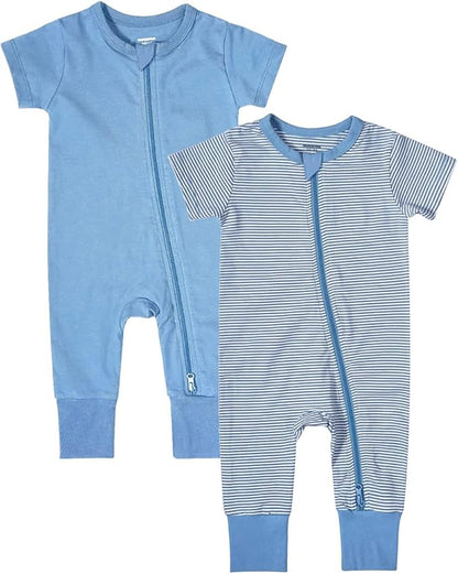 Teach Leanbh Baby Boys Girls 2-Pack Romper Jumpsuits Cotton 2 Way Zipper Short Sleeve Footless Sleep and Play 3-24 Months